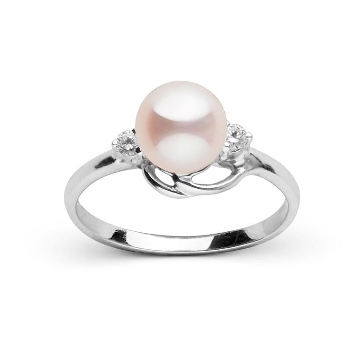 Our tiara collection ring featuring a lustrous 6.5-7.0 mm Freshadama freshwater pearl is beautifully accented with 0.06 cttw sparkling VS1-G rated diamonds, a grade typically reserved for diamond solitaire jewelry. Freshadama pearls are sorted highest .01% of the freshwater pearl harvest each year. These pearls are exceptionally difficult to collect, and we've been proudly offering them for decades through our exclusive partnerships in Asia. With less than 5% deviation from a perfectly round sha Elegant Pearl Rings In Diamond White, Elegant Diamond Ring With Pearl Drop For Anniversary, Elegant Pearl Drop Diamond Ring For Anniversary, Elegant Diamond White Pearl Rings, Elegant White Gold Pearl Ring With Diamond Accents, Elegant Pearl Ring With Diamond Accents For Formal Occasions, Elegant Akoya Pearl Ring With Brilliant Cut, Elegant Diamond White Pearl Ring With Diamond Accents, Formal Pearl Ring With Diamond Accents And Cubic Zirconia