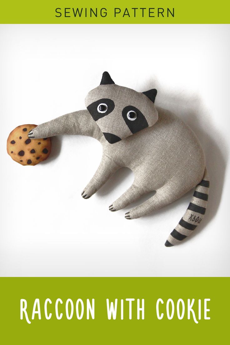 a stuffed raccoon with a cookie on it's back and the words sewing pattern