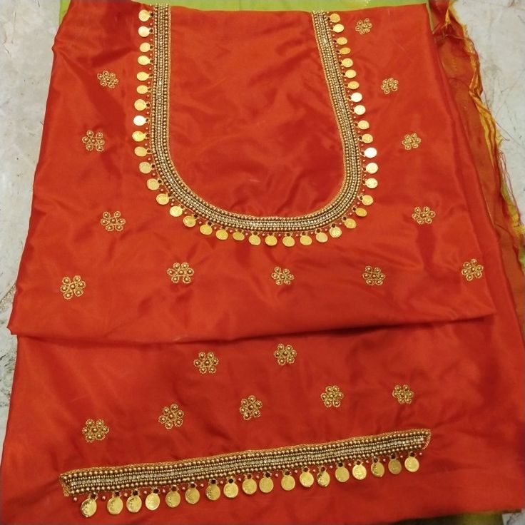 Beautiful orange blouse with kasulu Kasula Work Blouse Designs Latest, Orange Blouse Embroidery Designs, Maggam Work Kasulu Blouse Designs, Maggam Work Kasulu Design, Kasu Work Blouse Designs Latest, Orange Colour Blouse Aari Work, Kasulu Work On Blouse, Kasula Maggam Work Blouse, Kasu Maggam Work Blouses