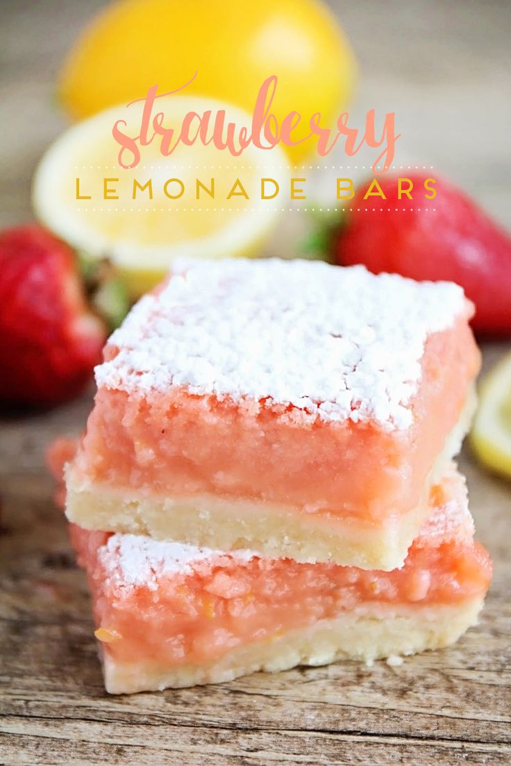 strawberry lemonade bars stacked on top of each other next to strawberries and lemons