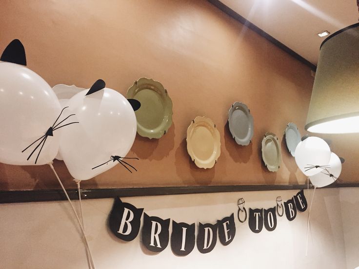 balloons and plates are hanging on the wall