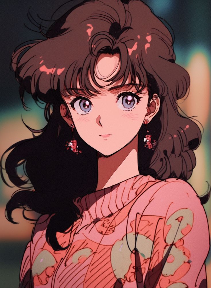 an anime character with long black hair and blue eyes looking at the camera while wearing a pink dress