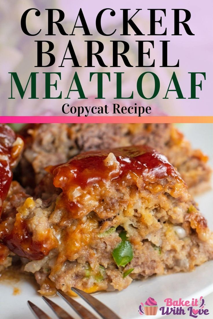 a close up of meatloaf on a plate with a fork and text that reads cracker barrel meatloaf copycat recipe