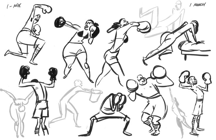 an image of people doing different things in the same drawing style, including one man with boxing gloves