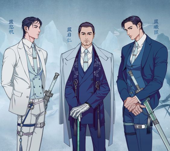 three men in suits and ties standing next to each other with swords on their hands