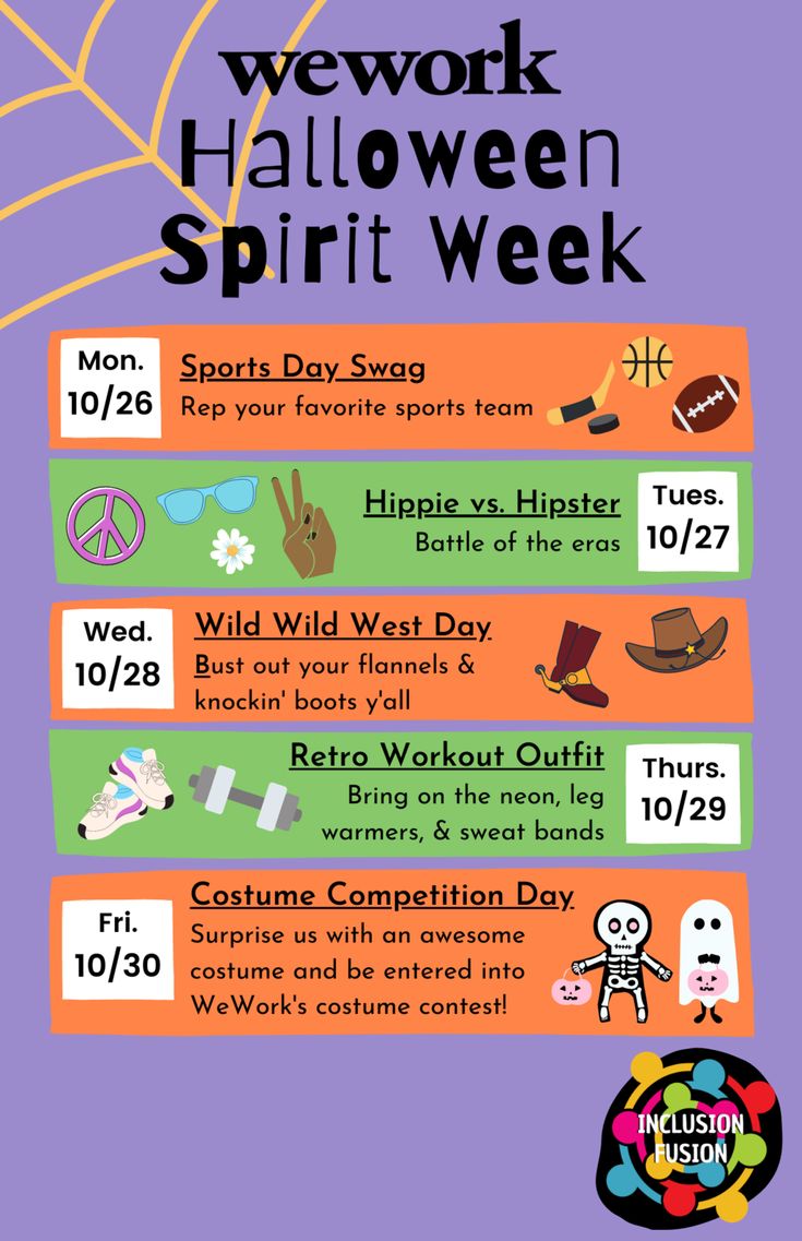 the halloween spirit week poster is shown in purple and orange, with words that spell out what