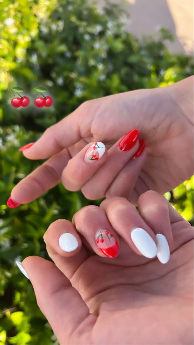 #whitenails #rednails #cherry #naildesign two different colored nails Two Different Colored Nails, Spring Green Nails, Nails With Cherry, Fruit Nail Designs, Fruit Nail, Teal Nails, Cherry Nails, Dark Christmas, Cherry Fruit