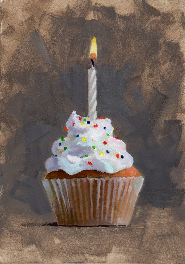 a painting of a cupcake with a lit candle