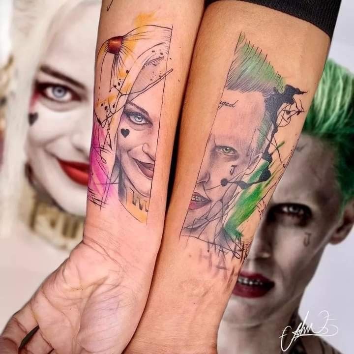 two people with tattoos on their arms, one has a joker and the other has a woman's face