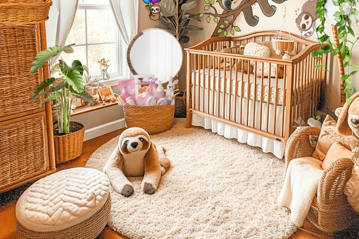 a baby's room with stuffed animals and toys