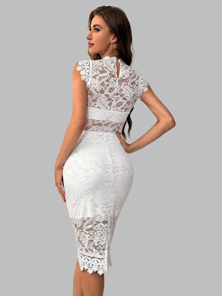 Length : Midi Color : White Fit Type : Slim Fit Pattern Type : Plain Fabric : High Stretch Waist Line : High Waist Material : Knitted Fabric Sleeve Length : Short Sleeve Details : Contrast Lace, Split, Zipper Composition : 90% Polyester, 10% Elastane Care Instructions : Hand wash or professional dry clean Size US Bust Hip Size Length Shoulder Waist Size XS 2 32.3 34.3 40.6 12.6 26-34.6 S 4 33.9 35.8 41.3 13 27.6-36.2 M 6 35.4 37.4 42.1 13.4 29.1-37.8 L 8/10 37.8 39.8 42.9 13.8 31.5-40.2 White Fitted Lace Bodycon Dress, White Lace Fitted Bodycon Dress, Elegant Fitted Midi Dress With Hollow-out Details, Hollow Out Midi Party Dress, Fitted Lace Patchwork Dress For Party Season, White High Neck Mini Dress For Party, Party Sheath Dress With Lace Patchwork, Knee-length Party Dress With Lace Trim, White Hollow Out Midi Dress For Party