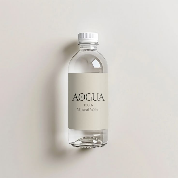 a bottle of water sitting on top of a white table next to a gray wall