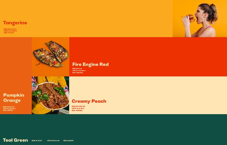 an orange and green brochure with images of food