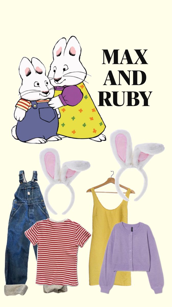 three children's clothing items are shown with the words max and ruby on them