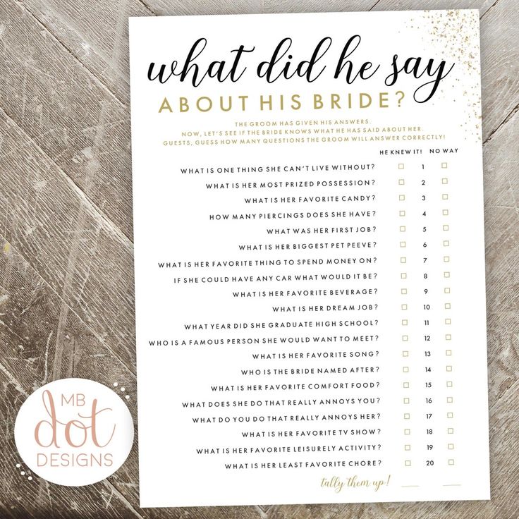 what did the say about this bride? game on a wooden table with pink and gold confetti