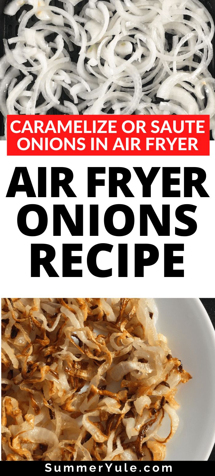 an air fryer onion recipe on a plate with the title overlaying it