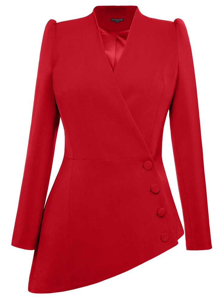 Striking the right balance between contemporary cool and sophistication, this asymmetric blazer is cut from a luxurious stretch crêpe fabric in an unmissable pop of red colour. It pleasingly cinches the waist before falling to a flattering asymmetric hemline.  The blazer is designed with long sleeves and padded shoulders for added structure, wrap front closure and same-fabric buttons in a true manifestation of craftsmanship. Fully lined with silky satin for a gentle touch, it feels soft and comf Bespoke Luxury Blazer For Semi-formal Occasions, Luxury Formal Blazer With Epaulettes, Luxury Silk Sport Coat For Formal Occasions, Luxury Suits With Concealed Placket And Flat Front, Luxury Red Sport Coat For Winter, Luxury Gold Semi-formal Blazer, Luxury Semi-formal Dress Shirt For Fall, Luxury Crepe Blouse For Workwear, Luxury Structured Women's Blouse