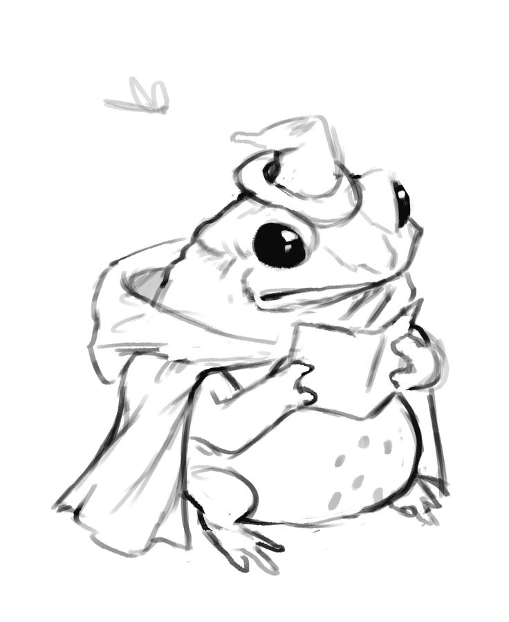 a drawing of a frog with a hat on it's head and scarf around its neck