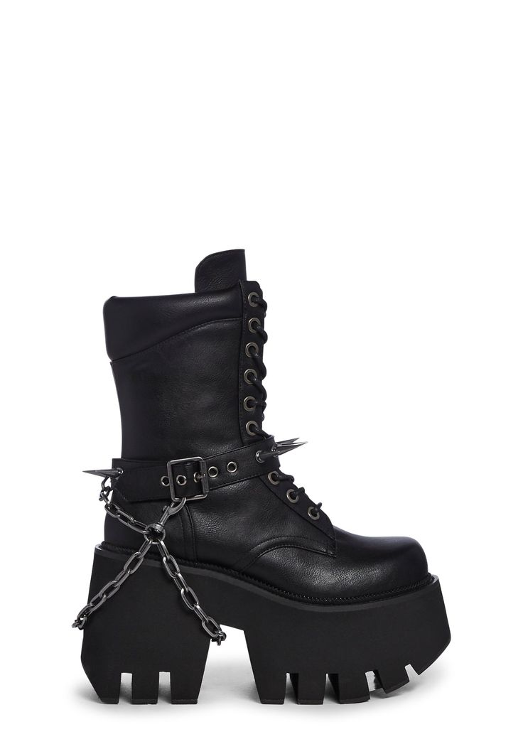 base Spiked Platform Boots, Streetwear Lace-up Combat Boots With Rivets, Punk Style Lace-up Moto Boots With Lug Sole, Edgy Combat Boots With Buckle For Streetwear, Edgy Combat Boots With Buckle Closure For Streetwear, Edgy Combat Boots For Streetwear With Buckle Closure, Edgy Streetwear Combat Boots With Buckle Closure, Punk Style Lace-up Boots With Buckle Closure, Gothic Combat Boots With Lug Sole For Streetwear