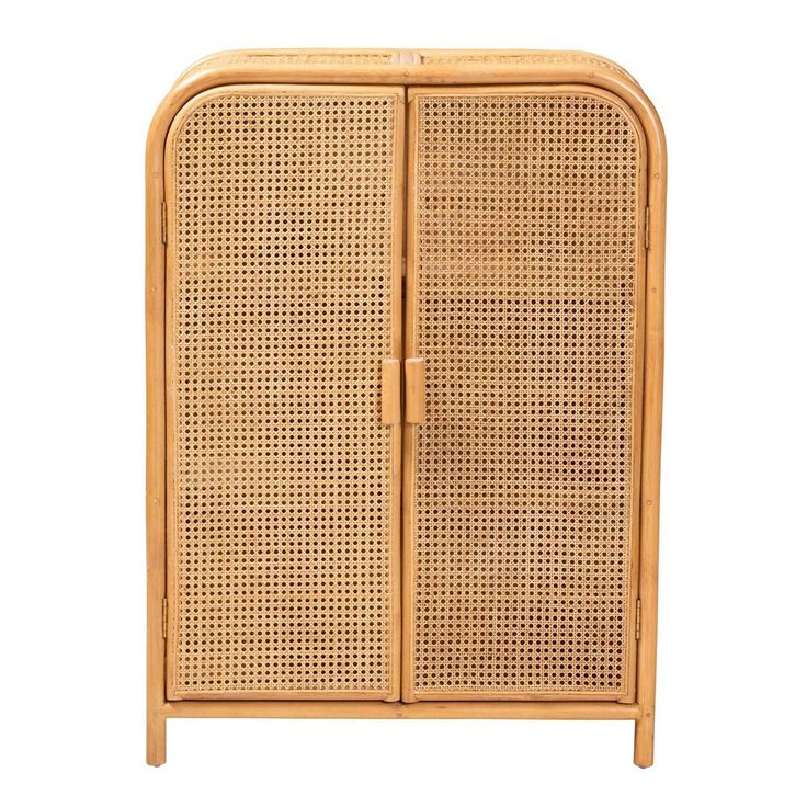 a wooden cabinet with wicker doors on the front and side panels, one door open