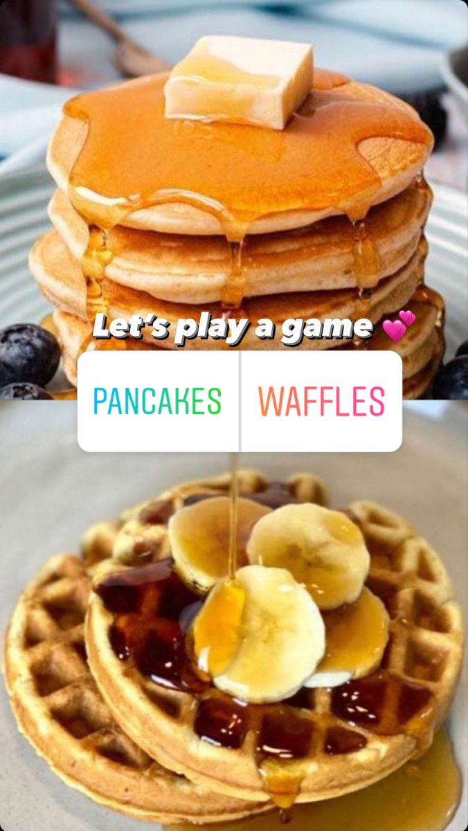 pancakes and waffles with syrup being poured onto them to make it look like they're playing a game