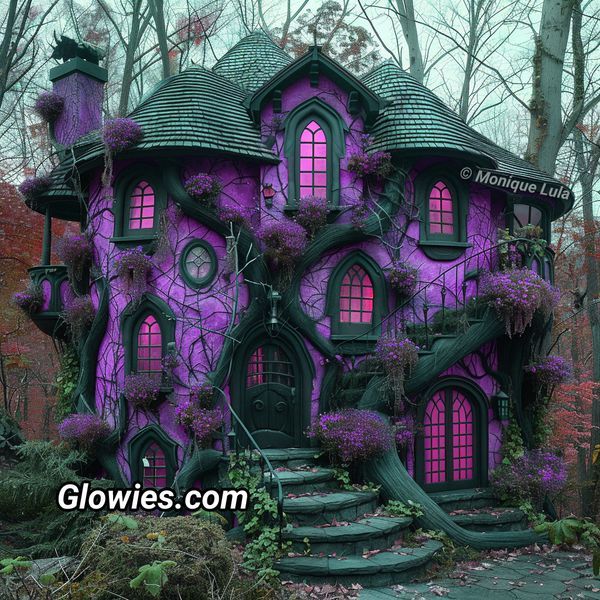 a purple and green house in the woods