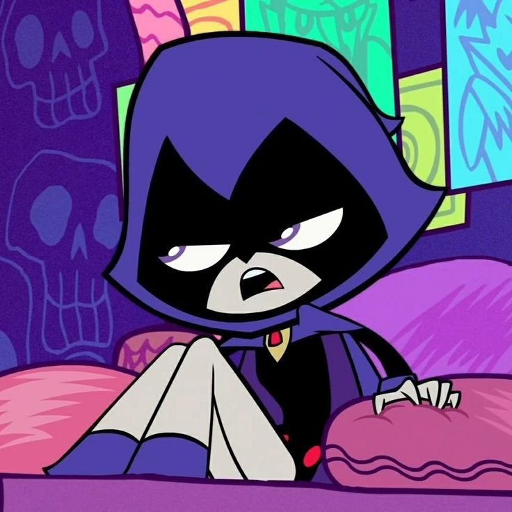 a cartoon character sitting on top of a bed with a skull in the back ground