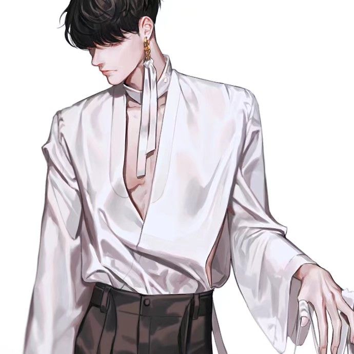 an anime character with black hair wearing a white shirt and brown pants, holding his hands out