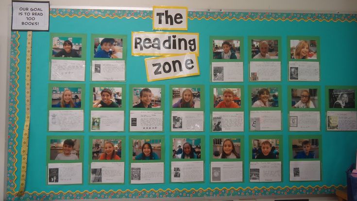 the reading zone bulletin board is decorated with pictures and words that are pinned to it