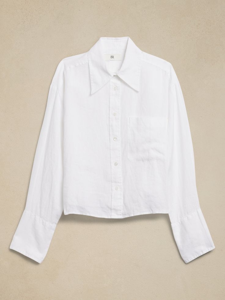 The Boxy Crop Linen Shirt | Banana Republic Linen Shirt White, Cropped Shirt, European Linens, Basic Shirts, Crop Shirt, Petite Size, Stay Cool, Linen Shirt, Waist Tie