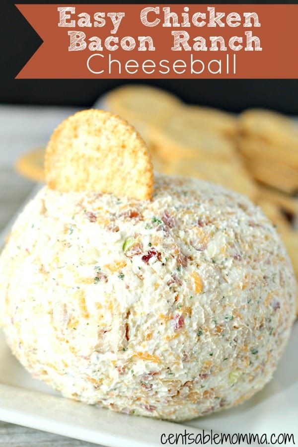 easy chicken bacon ranch cheeseball on a white plate with crackers in the background