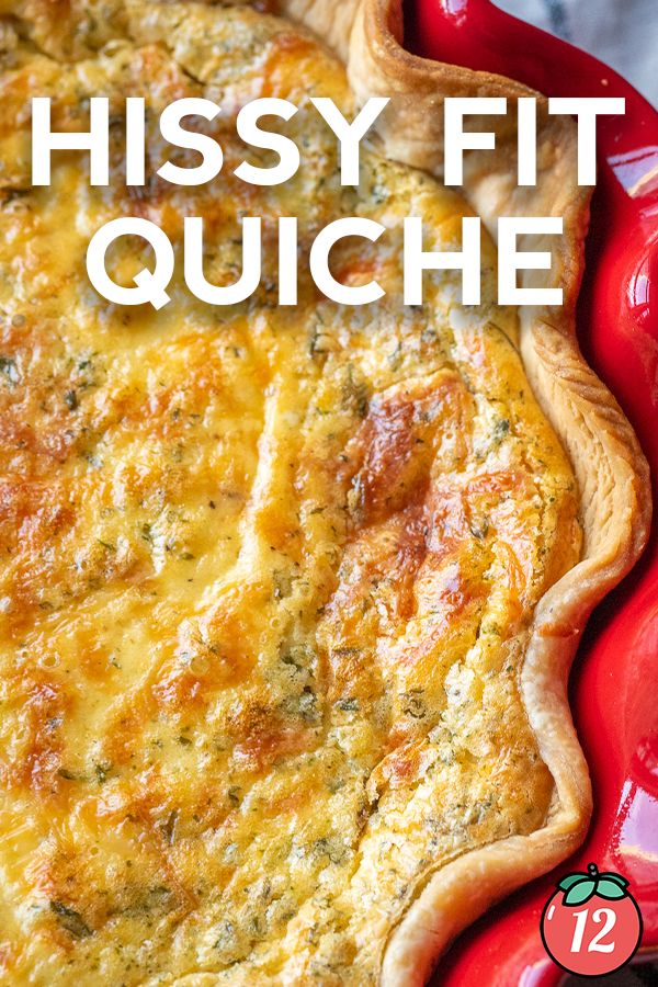 a cheesy quiche in a red dish with text overlay