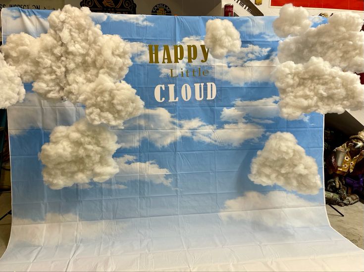 Blue sky backdrop Clouds hanging with fishing line acrylic vinyl Sky Decorations Party, Heaven Party Decorations, Cloud Theme Decoration, Sky Themed Party, Sky Party Theme, Sky Theme Decoration, Cloud Decoration Party, Sky Decorations, Backdrop Sky