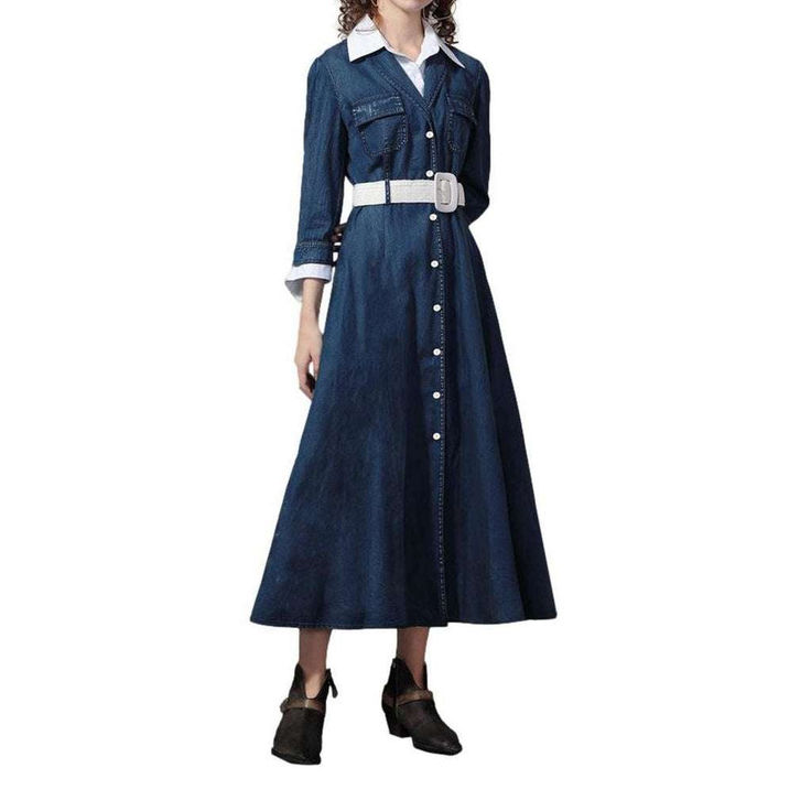 Introducing our 2023 Spring-Summer Collection ââ‚?the perfect combination of street trend and sophistication! Our Buttoned Denim Dress with Belt is the epitome of modern fashion. boasting a unique blend of alternative attitude and classic elegance.Why You'll Love ItThis dress is designed to be both relaxed and chic ââ‚?a perfect pick for day-to-night styling. It features a sleek dark wash with a distinctive torn pattern. and a fit and flare cut that hugs your curves. The unique button and belt c Chic Fitted Cotton Belted Dress, Collared Denim Dress For Summer Workwear, Belted Denim Dress For Summer Workwear, Chic Collared Denim Blue Dress, Elegant Collared Denim Dress For Work, Elegant Denim Dress With Button Closure For Work, Elegant Summer Denim Dress For Workwear, Elegant Fitted Denim Dress, Cotton Relaxed Fit Belted Dress