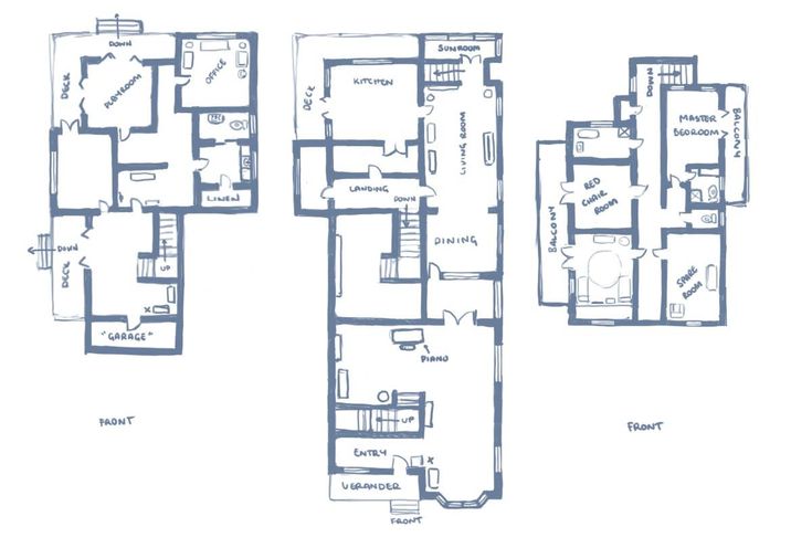 three floor plans for a two story house