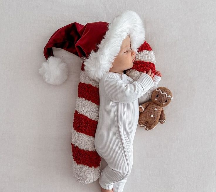 a newborn baby wearing a santa hat and holding a teddy bear