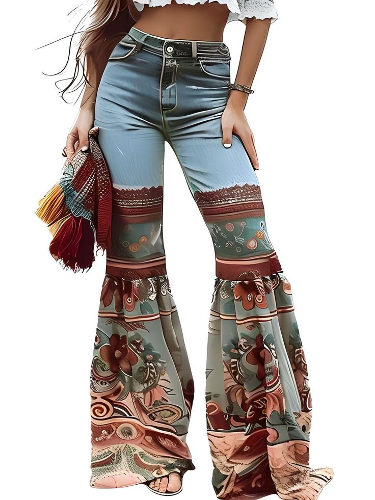 Vintage Floral Patchwork Jeans Women's High Waist Slim Fit Casual High Street Flared Pants - Bohemian Pants, Baby Knitwear, Vintage Aesthetics, Baby Outerwear, Floral Patchwork, Denim Patterns, Patchwork Jeans, Simple Tees, Flared Pants