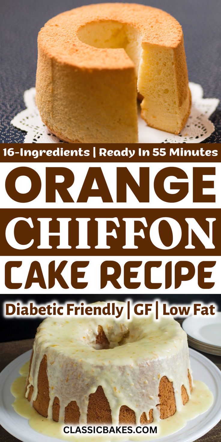 orange chiffon cake recipe on a plate with the title overlaying it