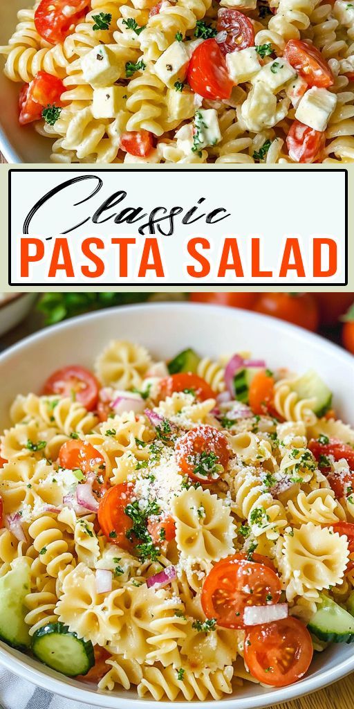 pasta salad with tomatoes, cucumbers and parmesan cheese in a white bowl