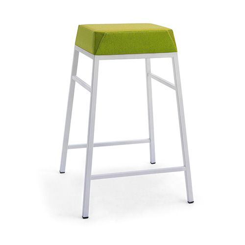 a white stool with a green seat pad on the bottom and backrest, in front of a white background