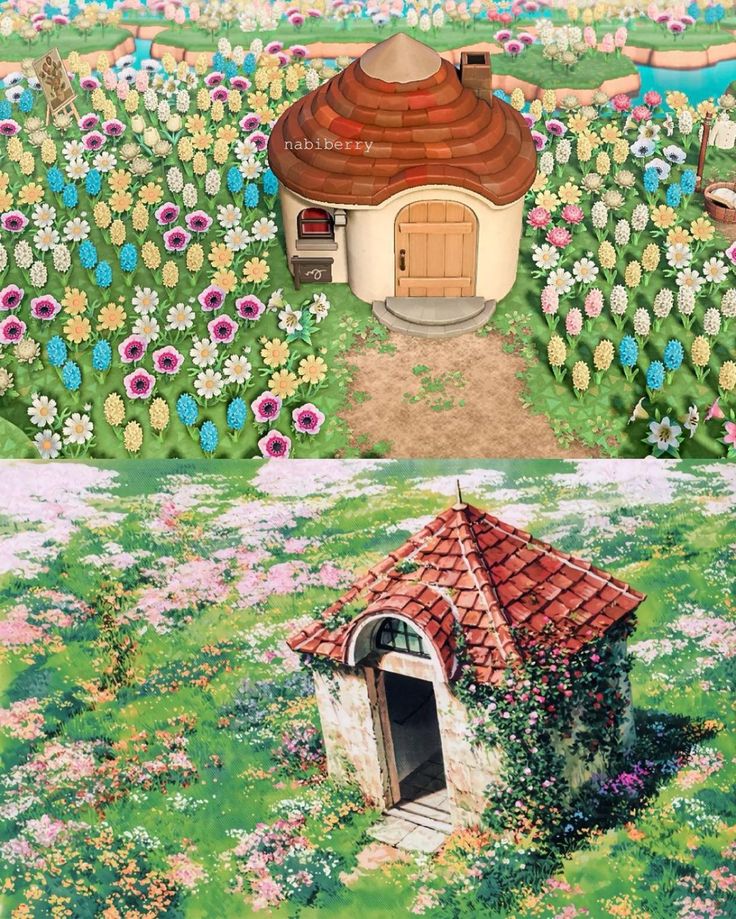 an image of a small house in the middle of a field with flowers on it