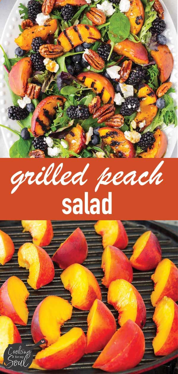 grilled peach salad on a grill with text overlay