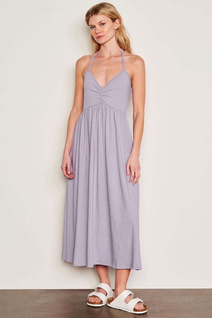 Sundry Tie Back Dress in Dark Lavender-full body view front Purple Ruched Maxi Dress, Halter Neck Dress With Gathered Neckline For Date Night, Halter Neck Sundress With Gathered Neckline, Sundress With Gathered Neckline And Halter Neck, Sundress With Halter Neck And Gathered Neckline, Summer Purple Maxi Dress With Fitted Bodice, Summer Maxi Dress With Fitted Bodice In Purple, Purple Maxi Dress With Fitted Bodice For Summer, Spring Backless Halter Dress With Fitted Bodice