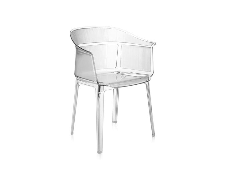 a clear plastic chair sitting on top of a white floor