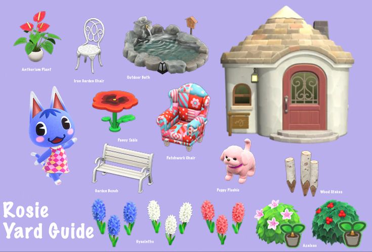 the rose yard guide is displayed in front of a purple background with flowers and furniture