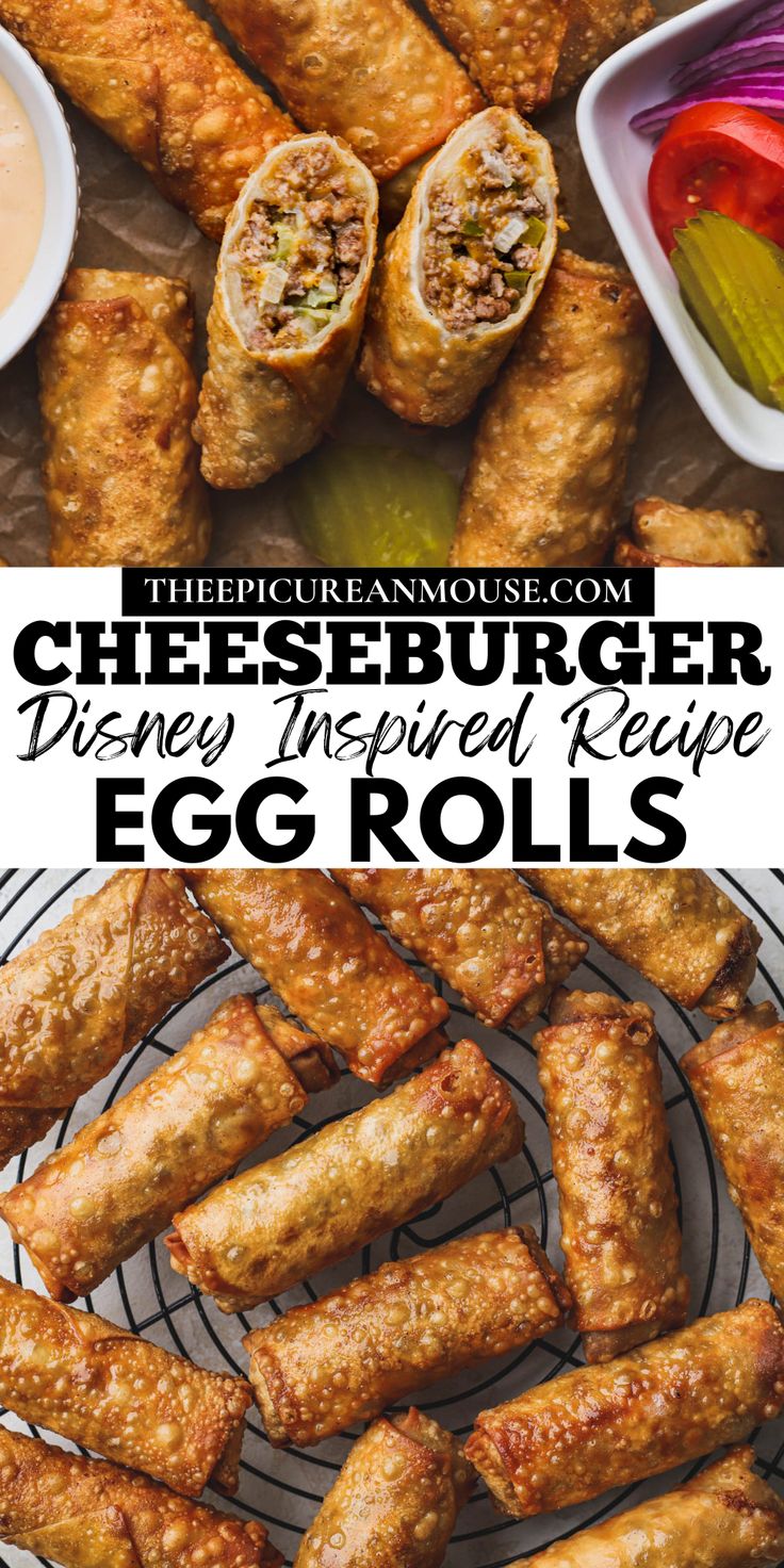 an egg rolls recipe with cheeseburger in the middle and other appetizers