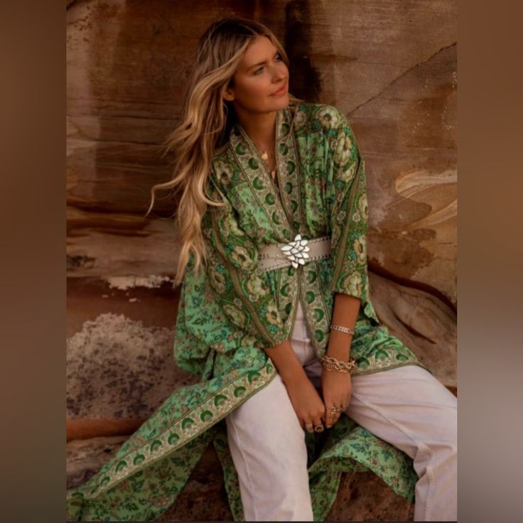 New In Bag Sage Colorway 50% Organic Cotton 50% Lenzing They Don’t Make Them With This Much Cotton Anymore. Elegant Green V-neck Kimono, Elegant V-neck Green Kimono, Elegant Festival Kimono, Maxi Kimono, Folk Song, Sleepwear Robe, Green Cream, Women's Intimates, Organic Cotton