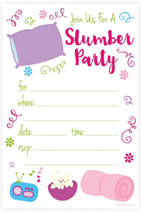 a pink and purple party card with items on it