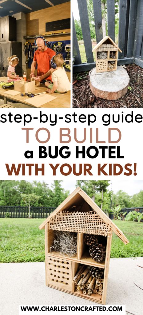 the steps to build a bug hotel with your kids are shown in this collage