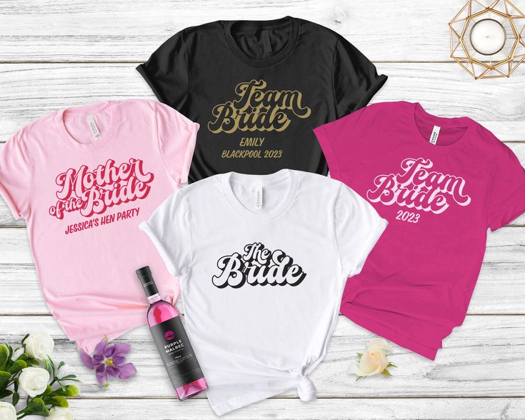 [The prices are for a single T-shirt. If you order t-shirts for the whole party, please add them to the cart separately.] 🎉 Get the Party Started with Personalized Hen Party T-shirts!  Add a touch of personalization and excitement to your hen party with our fabulous range of personalized hen party t-shirts that will add a touch of style to your special celebration. Get ready to turn heads, capture memories, and create lasting bonds with your besties in the most stylish way possible. Get ready to party like never before! 🥳 🧾 HOW TO PERSONALIZE AND ORDER 1. Please select the T-shirt size and colour. All t-shirt sizes can be found below or in the gallery section. 2. Please add the desired text in the Personalisation box, i.e. The Bride, Bridesmaid, Mother of the Bride, The Bride Team, etc Shadow Design, Party T Shirts, Glitter Wine, Professional Gifts, Capture Memories, Blackpool, Team Bride, Get The Party Started, White Glitter